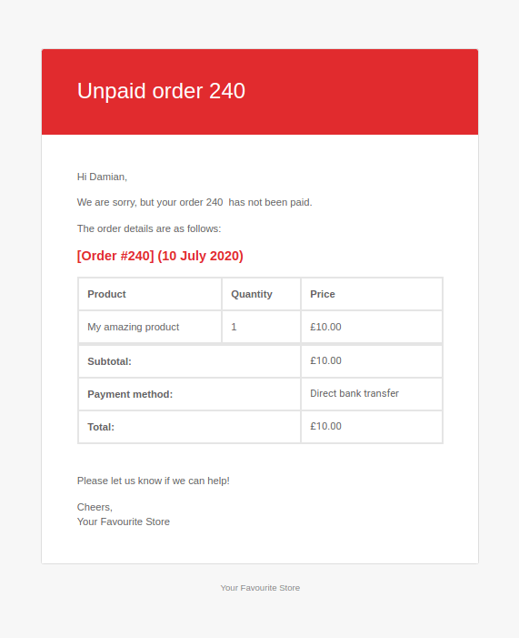 Unpaid Order Email