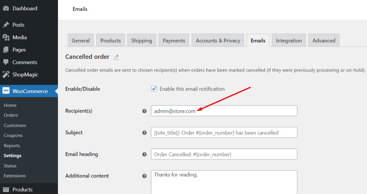 Cancelled order email settings in WooCommerce