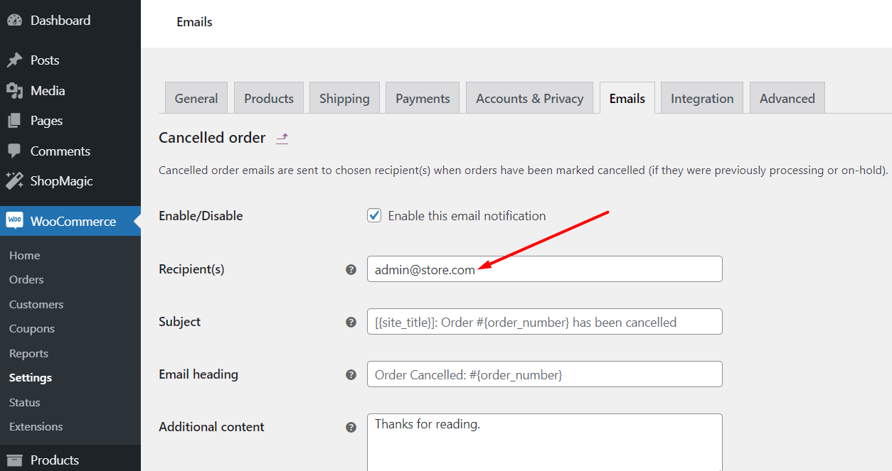 WooCommerce cancel order email to the customer ShopMagic