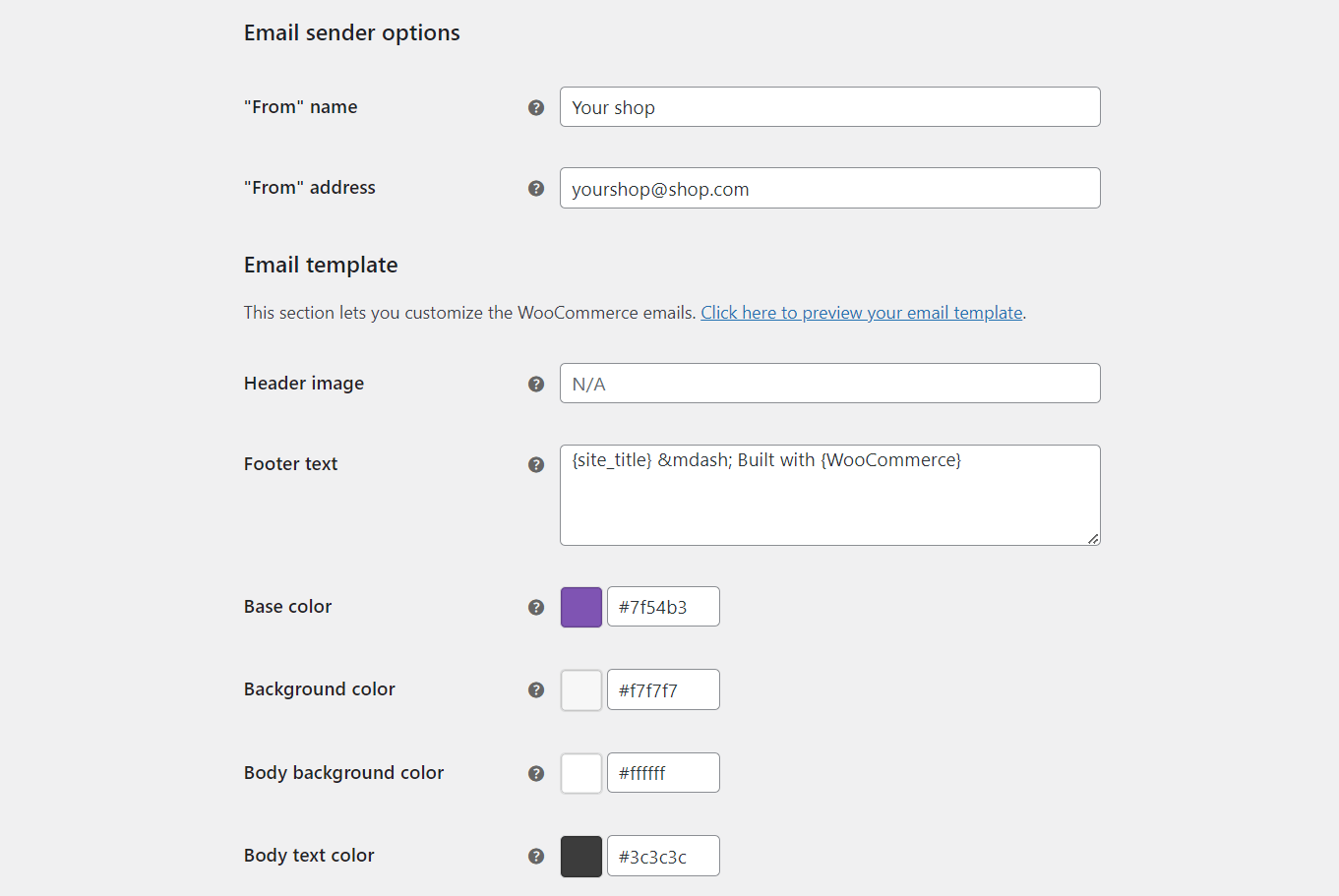 WooCommerce email settings - sender options