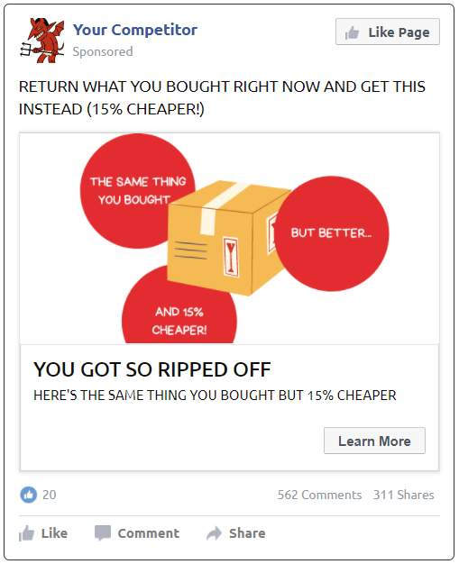 Facebook Ad mockup showing how competitor ads can cause post-purchase dissonance.
