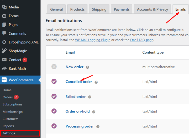 Email settings in WooCommerce