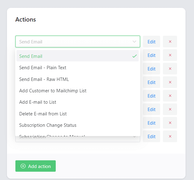 Available actions in ShopMagic - email marketing app