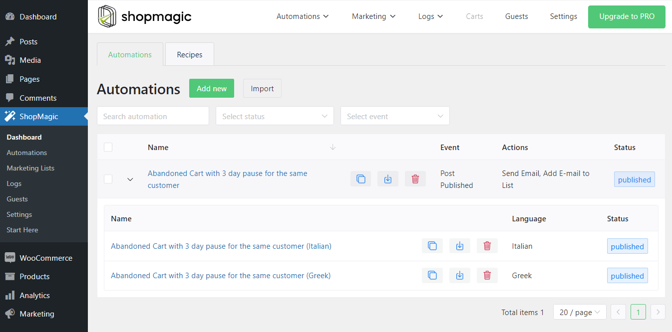 Default automation and its translations in ShopMagic