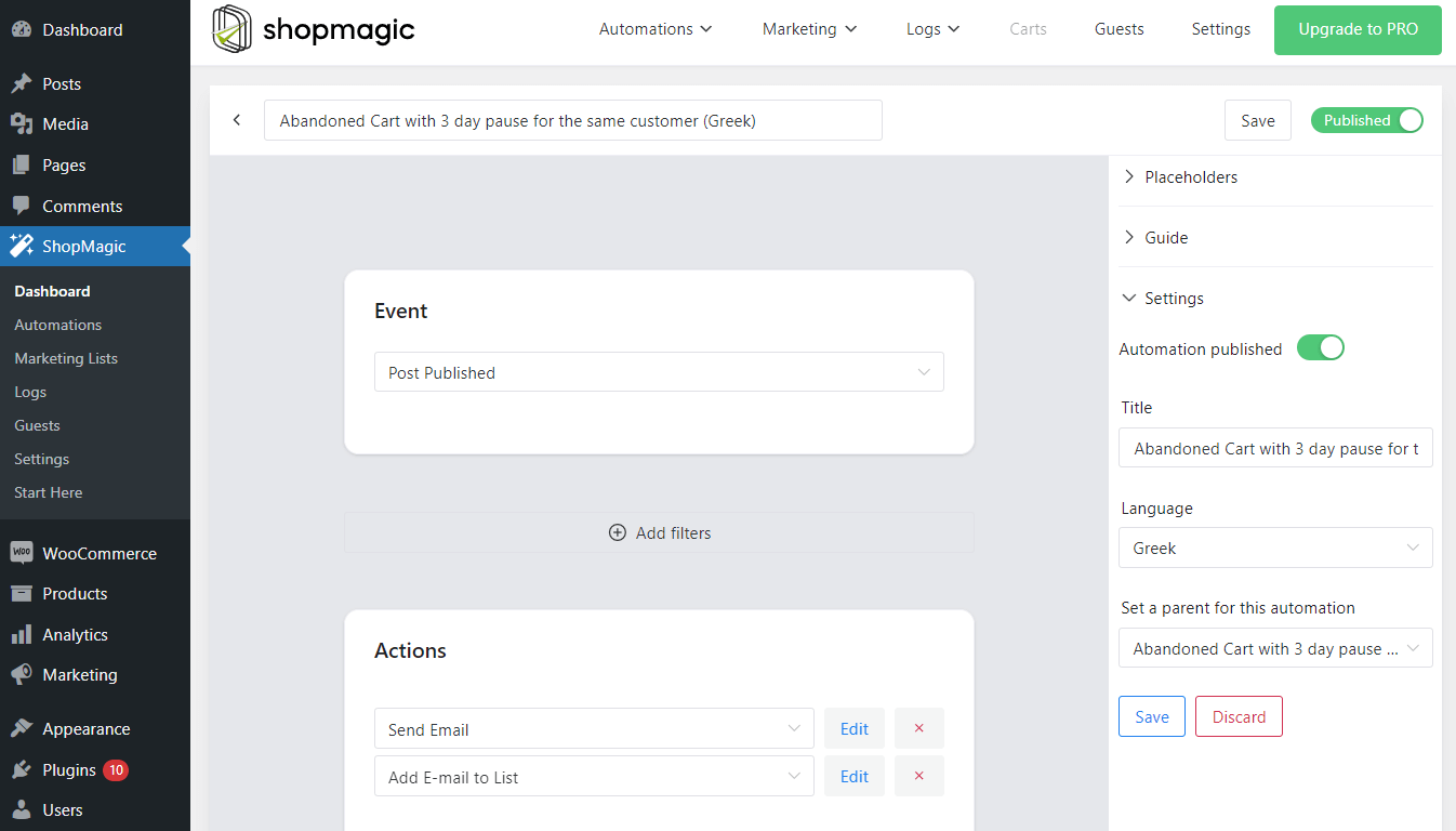 Default automation and language settings for ShopMagic automation