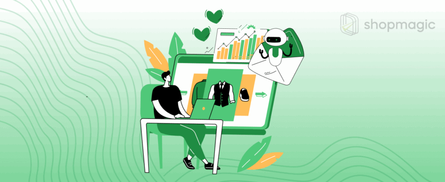 Man sitting at a computer browsing products on the screen, with automated emails and sales reports in the background, featuring the ShopMagic logo.