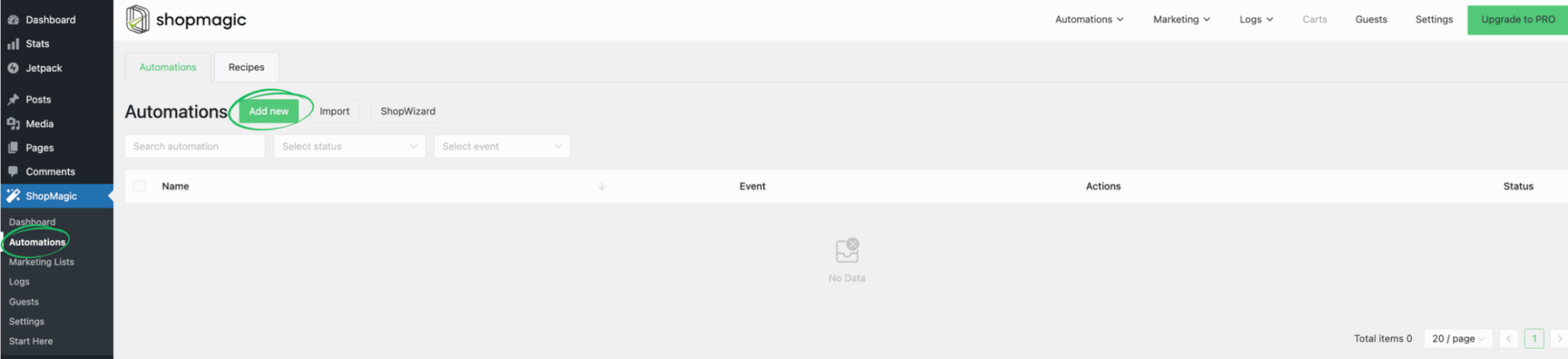 Screenshot of the ShopMagic Automations dashboard in WordPress highlighting the 'Add new' button to create a new marketing workflow