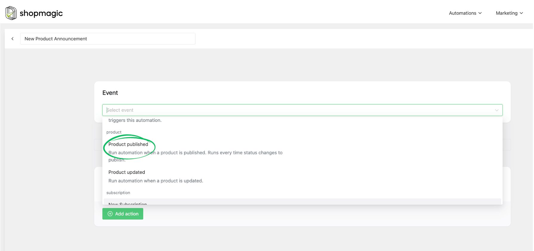 Screenshot of the ShopMagic 'Event' dropdown menu with the 