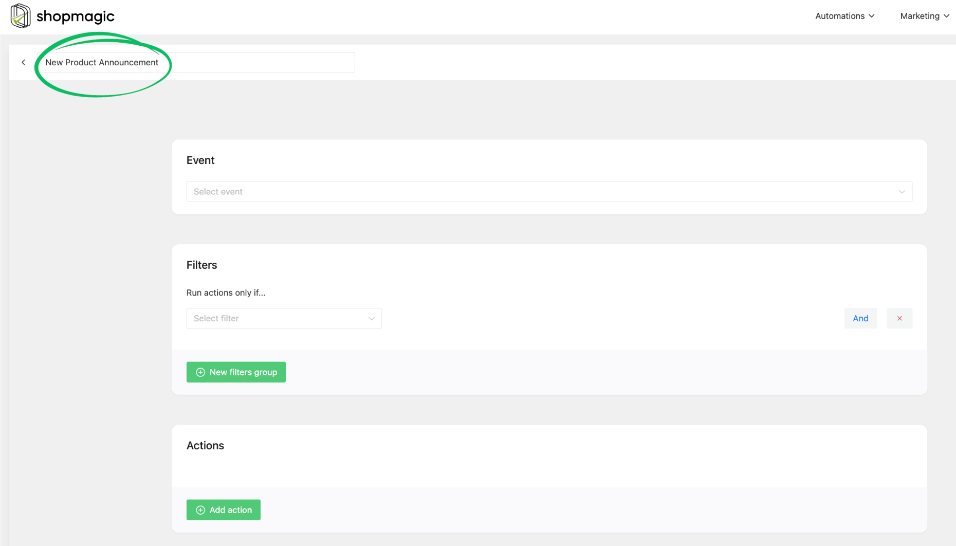Screenshot of the ShopMagic automation editor focusing on the title input field with 