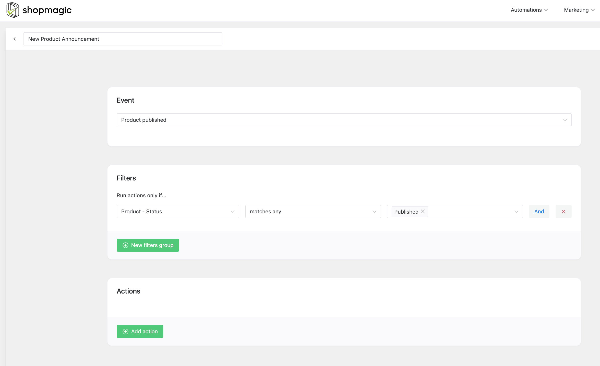 Screenshot of the ShopMagic Filter section showing 'Product – Status' selected with the condition 'matches any' and the value set to 'published'.