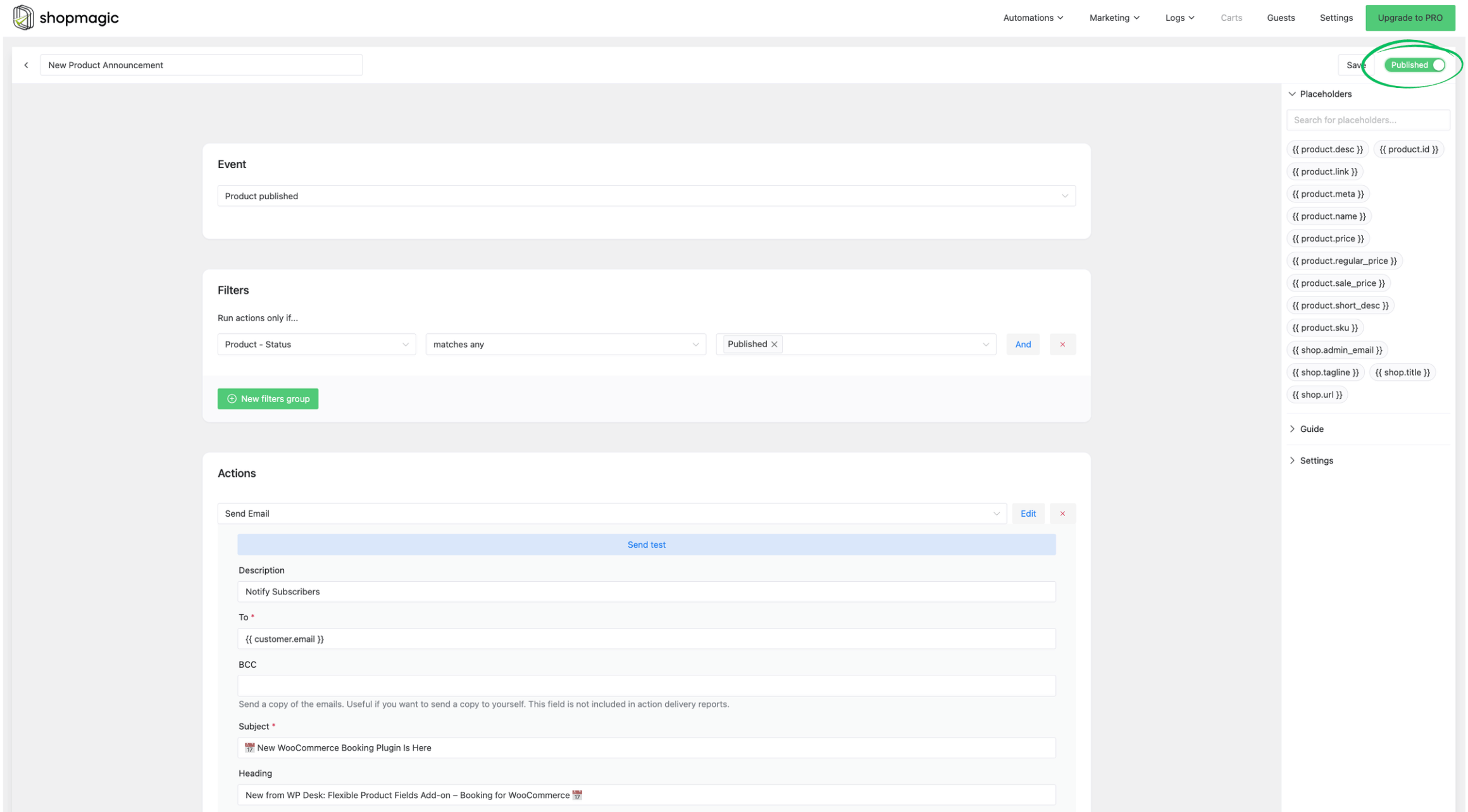 Screenshot of the top-right corner of the ShopMagic editor highlighting the blue 'Publish' button used to activate the workflow.