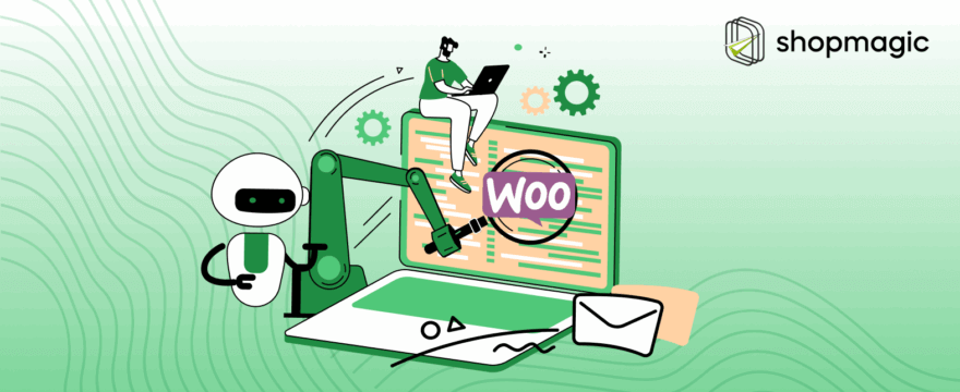 Illustration showing a modern email automation workflow with the ShopMagic logo, representing an automated email being sent to customers after a new product is added to a WooCommerce store.