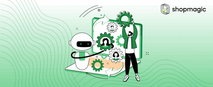 Illustration showing an automated email being sent after a WooCommerce coupon is used, featuring the ShopMagic logo.