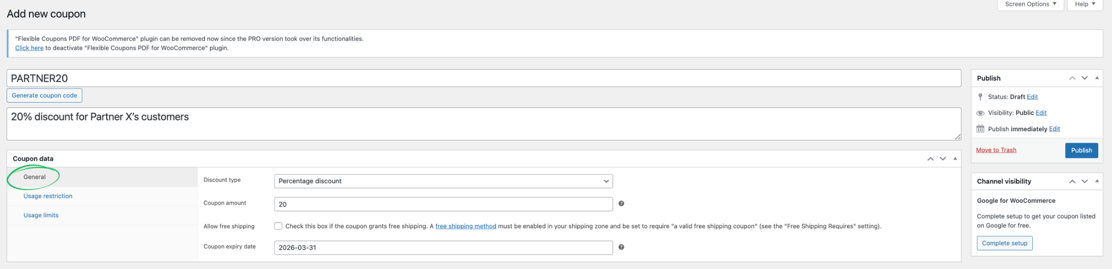 WordPress dashboard showing the Add New Coupon screen in WooCommerce with the code PARTNER20, a percentage discount type, and the coupon amount set to 20.