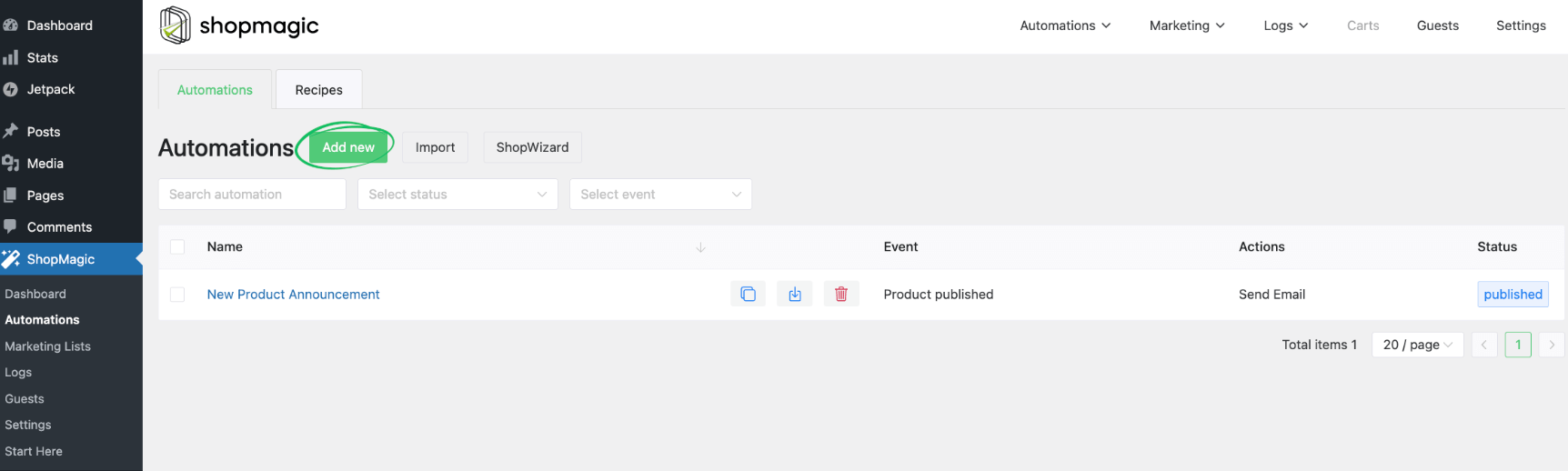 The ShopMagic Automations dashboard in WordPress with the 'Add New Automation' button clearly visible.