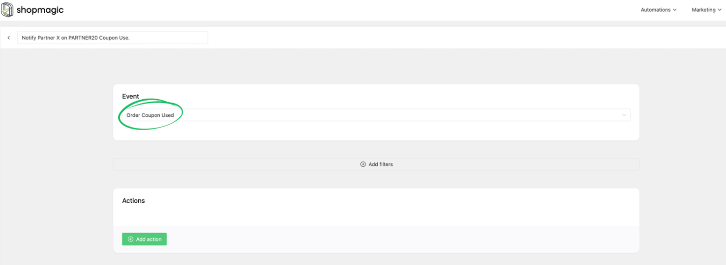 Selecting the Order Coupon Used event from the dropdown menu in the ShopMagic automation settings to track coupon-based sales.