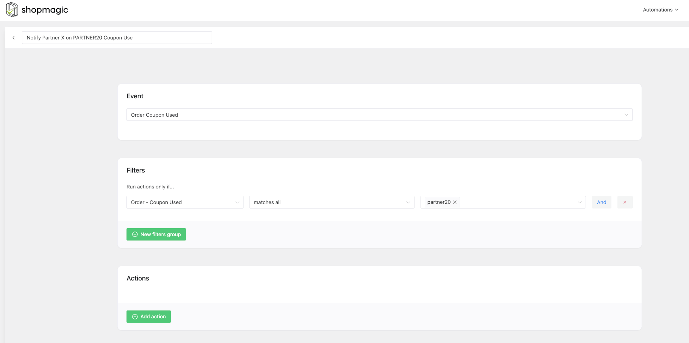 Adding a filter in ShopMagic automation settings to target a specific coupon code, ensuring the email notification triggers only for designated affiliate orders.
