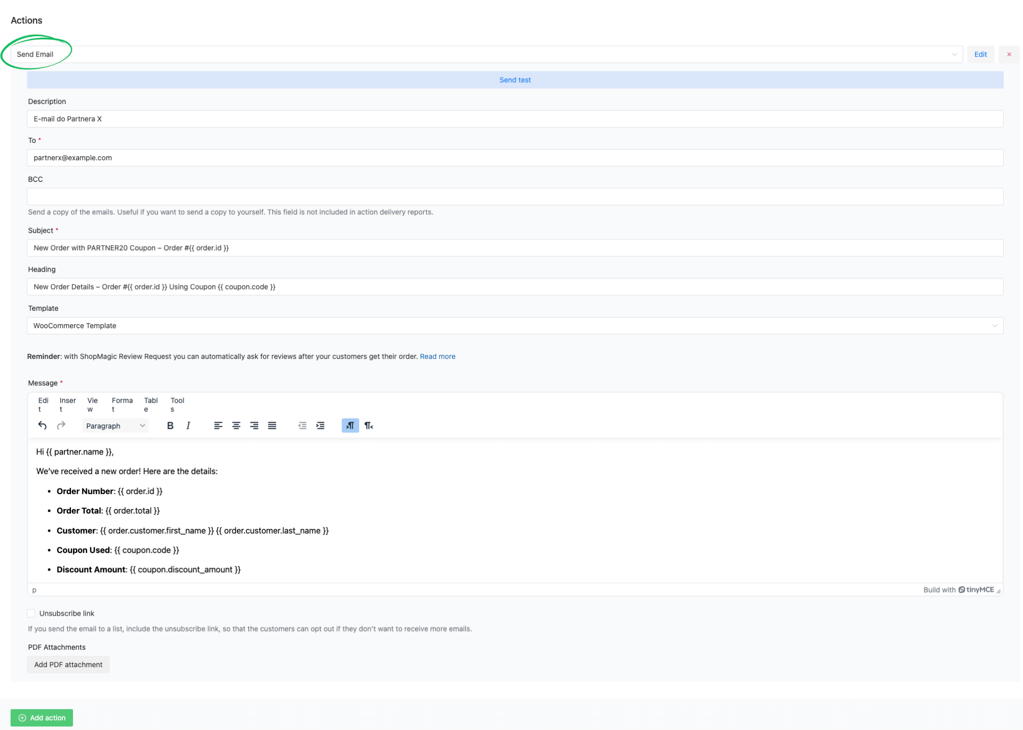 ShopMagic automation action settings, showing the 
